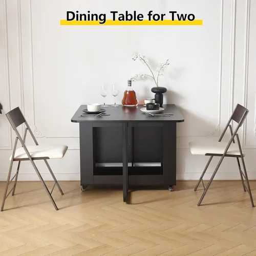 Vista 7 de Mesa de Comedor Plegable con Dos Cajones para 4/6 con Mesa de Hoja Abatible que Ahorra Espacio, Ruedas Bloqueables y Almacenamiento, Superficie