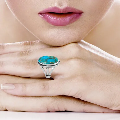 Vista 5 de Anillo turquesa de plata de ley 925 con piedras preciosas auténticas (elige estilo)