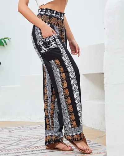 Vista 7 de QIANXIZHAN - Pantalones deportivos de tiro alto para mujer, diseño estilo harén bohemio con bolsillos, para yoga