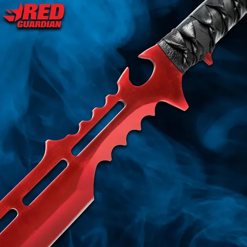 Vista 4 de Espada de fantasía Red Guardian, hoja roja de 18.5 pulgadas con acabado galvanizado, espada de cosplay genial con funda de cinturón de nailon, mango