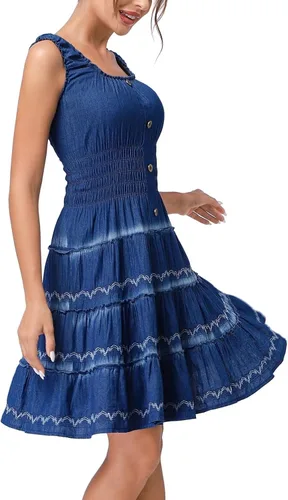 Vista 2 de DREFBUFY - Vestido largo para verano, sin mangas, acampanado, de mezclilla y algodón, azul, estilo casual y bohemio, para mujer