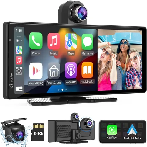 Vista 10 de Carpuride Carplay inalámbrico portátil 4K W903 y Android Auto con cámara de salpicadero, pantalla HD IPS de 9.3 pulgadas, cámara frontal 4K