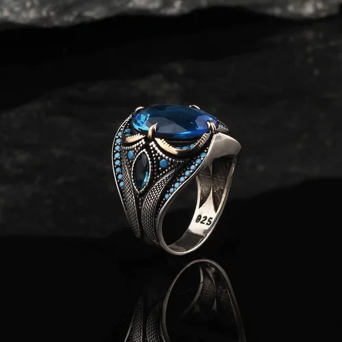 Vista 3 de BayVog 925 Sterling Silver Men's Ring, Blue Topaz Gem Stone Men Silver Ring, Handmade Zircon Stone Silver Ring for Men, Blue Stone Silver Ring gifts