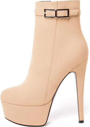 Vista 2 de SKYSTERRY Botas altas de tacón alto de gamuza con cremallera y puntera redonda para mujer, 6 pulgadas