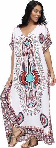 Vista 3 de SMUDGE Life Vestido largo de caftán con estampado étnico blanco para mujer vestido de playa de verano