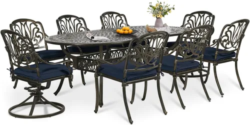 Vista 36 de Juego de comedor de patio de 9 piezas, mesa y sillas de patio al aire libre, mesa de comedor ovalada de aluminio fundido de 84 pulgadas con agujero