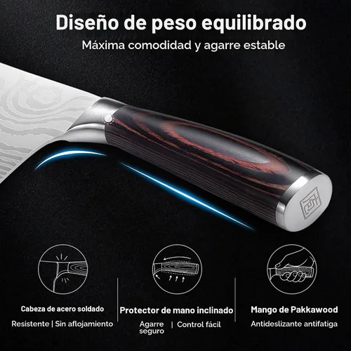 Vista 7 de Cuchillo PAUDIN, cuchillo de carnicero ultra afilado de 7 pulgadas, cuchillo de carnicero de acero inoxidable de alto carbono con mango de madera