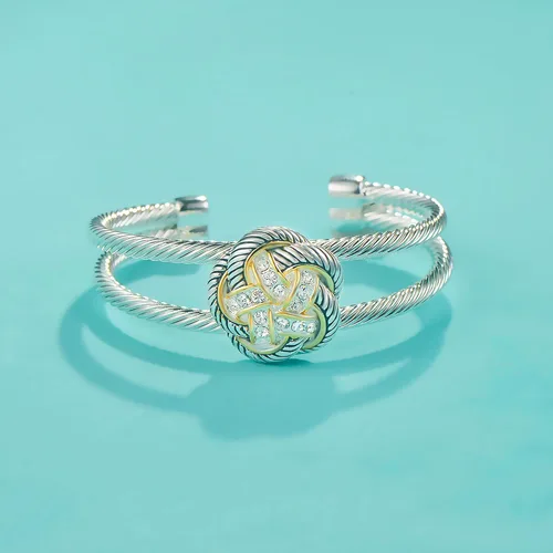 Vista 2 de UNY JEWEL Las joyas hacen una declaración con nuestro brazalete abierto abierto de doble alambre trenzado de dos tonos de alambre y flores es un