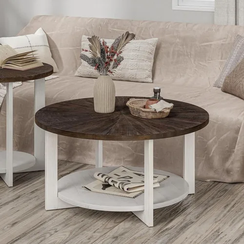 Vista 8 de Mesas de centro redondas de madera con almacenamiento, mesa de centro rústica con parte superior de madera envejecida, mesa circular grande