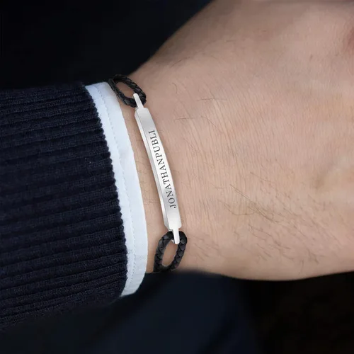 Vista 2 de Pulsera personalizada para hombres - Pulsera de cuero trenzado negro personalizada con nombre grabado para esposo novio pulseras para hombres, Sin