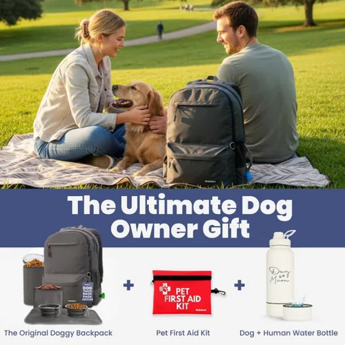 Vista 6 de The Original Doggy Bag Backpack (gris oscuro) – Mochila de viaje para perros con 2 cuencos plegables, bolsa de golosinas, contenedor de alimentos
