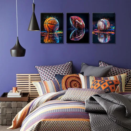 Vista 9 de 3 piezas de arte de pared en lienzo deportivo de graffiti para habitación de niños, rústico, fútbol, béisbol, fútbol americano, rugby, decoración