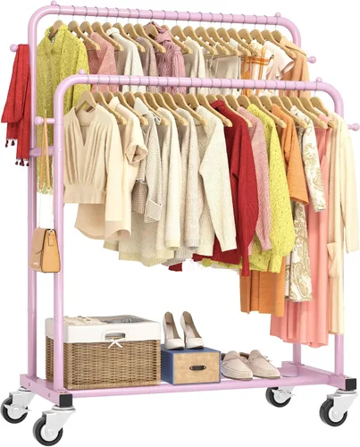 Vista 11 de Laiensia - Perchero de doble varilla con ruedas, estante para colgar ropa, 4 ganchos, estante multifuncional para dormitorio, color negro