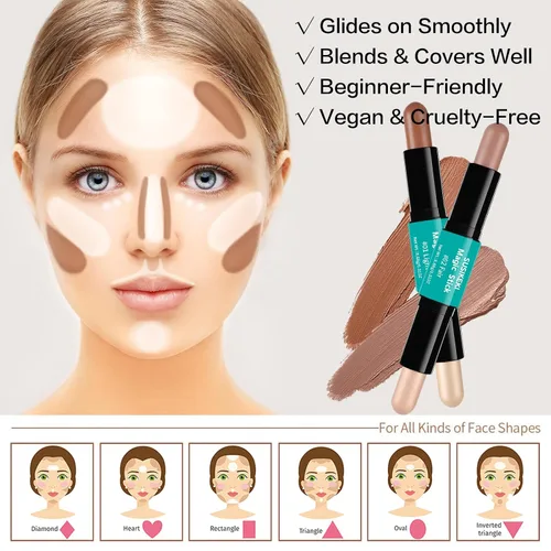 Vista 4 de Barra de contorno, 2 rotuladores de doble punta y barra de contorno para moldear la cara, crema bronceador y barras de resaltado impermeable