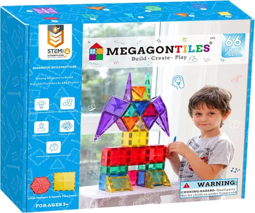Vista 13 de MEGAGONTILES Juego de 60 azulejos magnéticos para estación de bomberos Bloques de construcción magnéticos STEM con camiones de bomberos y grúas