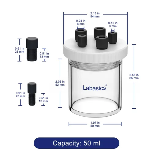 Vista 2 de Labasics Célula electrolítica, kit de celda electroquímica sellada con borosilicato de una sola cámara, electrolizador de reactor con tapa de PTFE