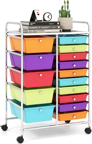 Vista 48 de LDAILY Carrito de almacenamiento con ruedas de 9 cajones, carrito rodante con cajones para aula, organizador de manualidades con ruedas con marco