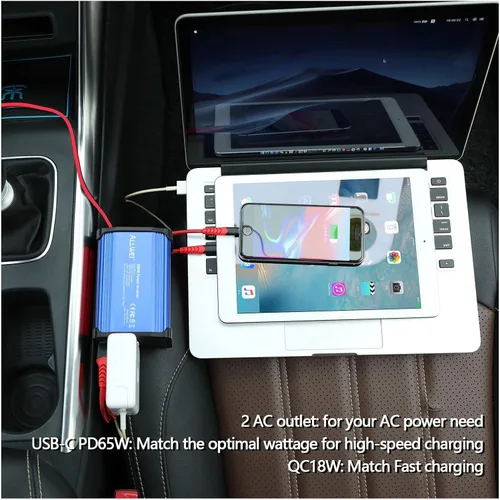 Vista 4 de ALLWEI Inversor de corriente para automóvil de 300 W, convertidor de CC de 12 V a 110 V CA, adaptador de enchufe de automóvil con toma de corriente