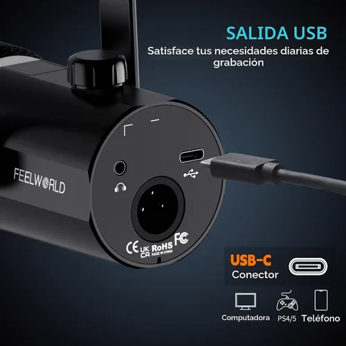 Vista 4 de FEELWORLD PM1 XLR USB Negro Metal Podcast Micrófono Dinámico con Escritorio