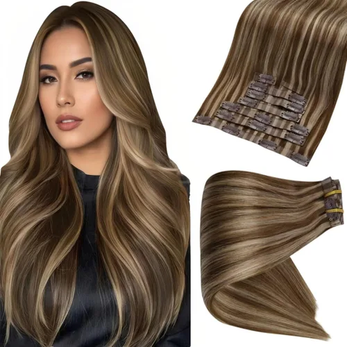 Vista 30 de Full Shine Extensiones de Cabello Rubio con Clip Reflejos Cabello Humano Extensiones con Clip Rubio Ceniza Mezcla Rubio Decolorado PU Extensiones