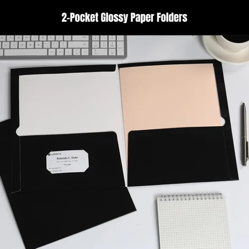 Vista 2 de Paquete de 25 carpetas de papel laminado brillante con 2 bolsillos profundos y ranura para tarjetas de visita, capacidad para 100 hojas de papel