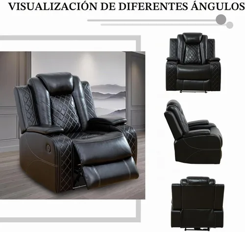 Vista 6 de Juego de sofá reclinable eléctrico con LED, juego de sofá de cuero transpirable para sala de estar, juego de sofá reclinable con puerto USB Negro