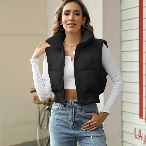 Vista 4 de Ainangua Chaleco acolchado corto para mujer, cuello alto, ligero, sin mangas, acolchado, con cremallera, ropa de abrigo