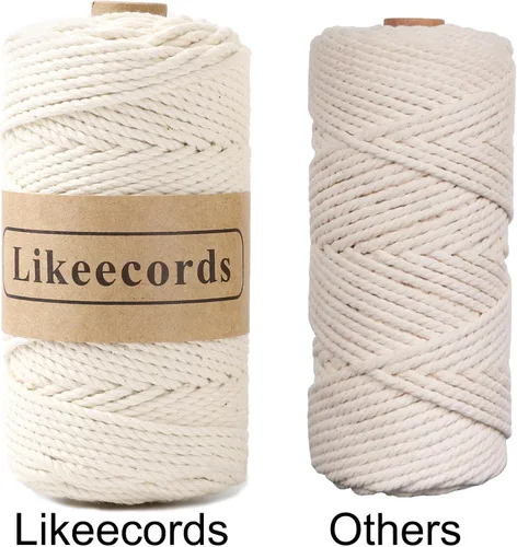 Vista 4 de Likeecords Cordón de algodón para macramé de 3mm x 100 metros, hilo torcido de 3 hebras, cuerda de macramé, hilo de algodón para macramé, cuerda
