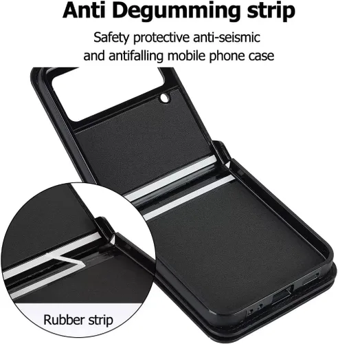 Vista 6 de Funda de lujo con cremallera para Samsung Galaxy Z Flip 3, con función atril, tarjetero ajustable, correa cruzada ajustable, funda con tapa a