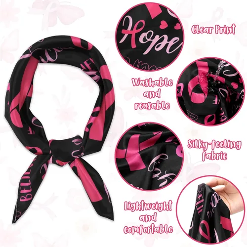 Vista 4 de Percozzi Bufandas cuadradas de cinta rosa para concientización del cáncer de mama, bufandas sedosas, 3 pañuelos de seda con patrón de cinta