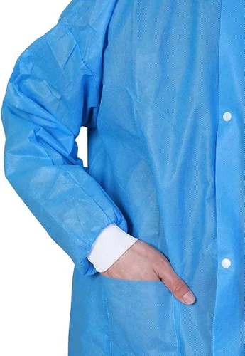 Vista 4 de Greenour Disposable Lab Coat Blue SMS with Pockets for Adult Knitted Collar and Cuffs Breathable Fluid Resistant