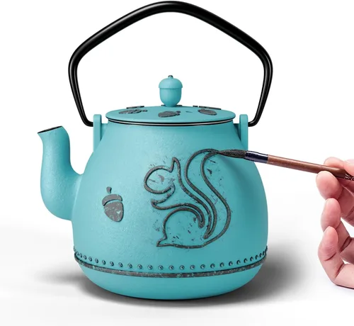 Vista 22 de Toptier Tetera con Infusor Extraíble, Hervidor de Té de Hierro Fundido Apto para Estufa, Diseño Cilíndrico de Geometría Sólida, Tetera Recubierta