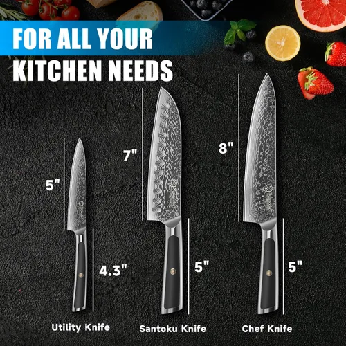 Vista 5 de Sunnecko Juego de Cuchillos de Cocina Damascus de 3 Piezas, Juego de Cuchillos de Chef Afilados Juegos de Cuchillos de Cocina Profesionales Full