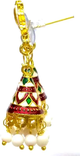 Vista 2 de DESI HAWKER Lotus Meenakari Minakari Pintura Esmalte Oro Pendiente Hecho A Mano Bali Jhumki Jhumka Joyería Étnica Drop Cuelga Araña NI-337, Metal