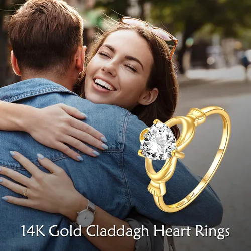 Vista 5 de ELFRONT Anillo de corazón de Claddagh irlandés de oro macizo de 14 quilates, joyería celta con moissanita para mujer, lealtad, promesa, compromiso