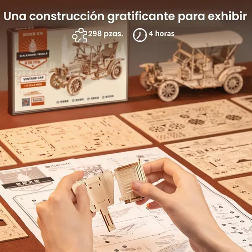 Vista 5 de ROKR Rompecabezas de Madera 3D Kits de Modelos de Coche para Construir para Adultos, Kit de Construcción de Modelos de Coche Vintage a Escala 1:15