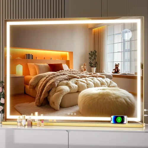Vista 25 de Hasipu Espejo de tocador con luces, espejo LED de maquillaje de 31.5 x 22 pulgadas, espejo de maquillaje iluminado con 3 modos regulables, espejo