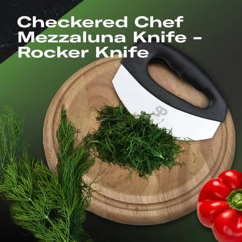 Vista 2 de Cuchillo picador de ensalada Mezzaluna de acero inoxidable, picadora de hierbas de doble hoja con cubierta protectora y asas ergonómicas para cortar