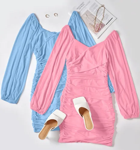 Vista 8 de ZESICA Vestido corto sexy con cuello en V y fruncido para mujer, manga larga, cóctel, boda, fiesta