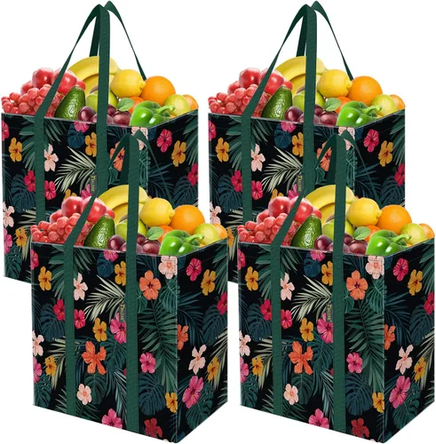 Vista 18 de BALEINE Paquete de 2 bolsas de comestibles reutilizables con parte inferior reforzada, bolsas plegables resistentes (follaje antiguo)