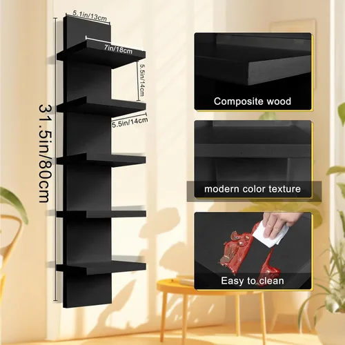 Vista 3 de YEXEXINM Paquete de 2 estantes de pared de 5 niveles, acabado laminado liso y estrecho, montaje de pared de columna vertical, organizador flotante