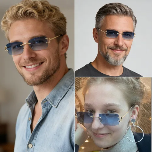 Vista 2 de Rimless Sunglasses for Men Women Small Narrow Rectangle Sunglasses 2 piezas: azul degradado+marrón degradado