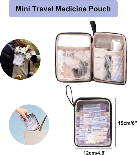 Vista 7 de Lexeeco Bolsa para almacenamiento de medicinas Organizador de frascos de píldoras con bolsa pequeña portátil para viajes Organizador de frascos