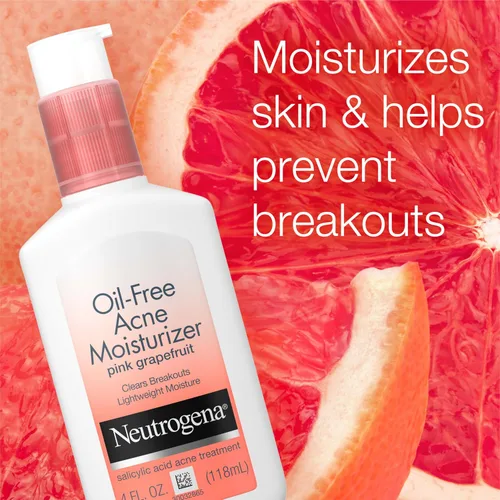 Vista 2 de Neutrogena Hidratante para acné sin aceite, tratamiento de acné con ácido salicílico de 0.5%, loción facial de pomelo rosa para brotes, no grasa
