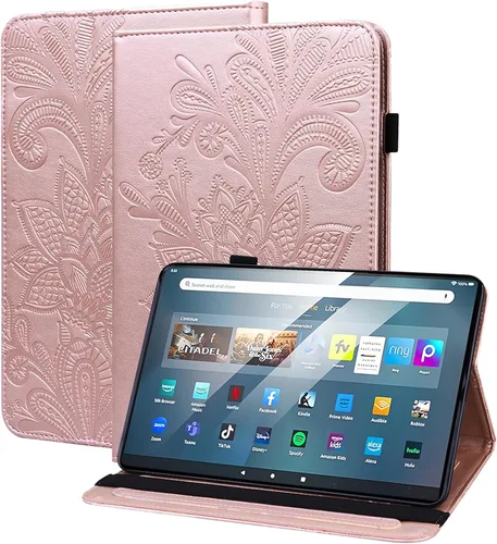 Vista 21 de Amazon Kindle Fire HD 8 8ª/7ª/6ª generación 2016/2017/2018, diseño de flores de encaje en relieve de piel sintética, a prueba de golpes, con soporte