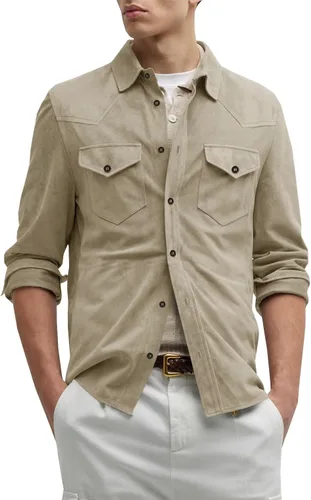 Vista 2 de Runcati Camisas de gamuza de manga larga para hombre, con botones, casual, trabajo, occidental, ajuste regular