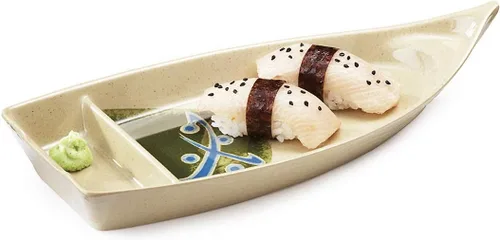 Vista 6 de Happy Sales HSSB-10BB - Plato con forma de barco de sushi para sushi sashimi, bandeja de plástico de melamina de 10 x 4.5 pulgadas (bambú)
