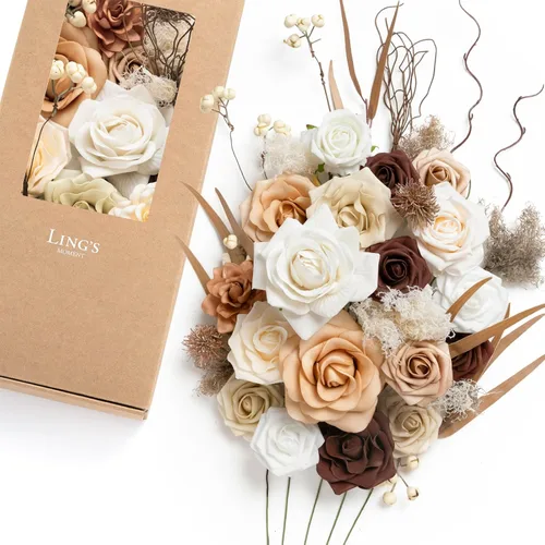 Vista 23 de Ling's moment Caja de Flores Falsas, Tallos de Vegetación Artificial Falsa Rosas de Espuma Dalia Hortensia de Seda Peonía Flor de Tela para Centros