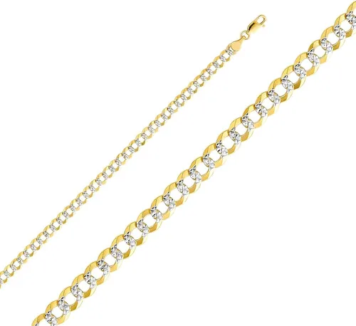 Vista 2 de Wellingsale 14k Two Tone Yellow and White Gold Solid 4.7mm Cuban Concaved Curb White Pave Diamond Cut Chain Necklace with Lobster Claw Clasp