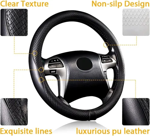 Vista 2 de Flying Banner Fundas para volante de automóvil, de piel sintética, anillo de masaje resistente, antideslizante, deportivo, 15 pulgadas (negro negro)